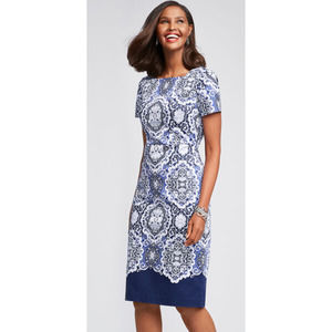 Talbots Women's Medallion Sheath Midi Blue and White Short Sleeves Dress Size 10